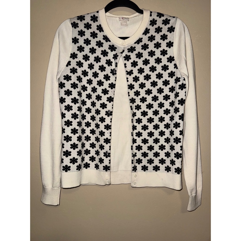 J.Crew The Caryn Cardigan Womens M Cream Black Floral Button Front Knit Preppy